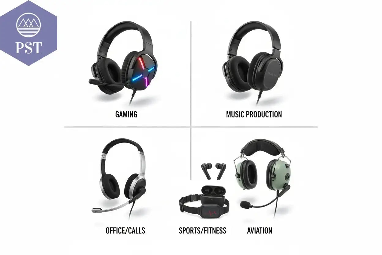 Headsets für sechs Anwendungsbereiche, die ersten vier als geschlossene oder Ohrmuschel Headsets dargestellt Gaming, Musik und Musik Produktion, Büro, Telefonie, Call-Center, Fliegen, als auch Kopfhörer und In-Ears für Sport und Fitness PS Tradings