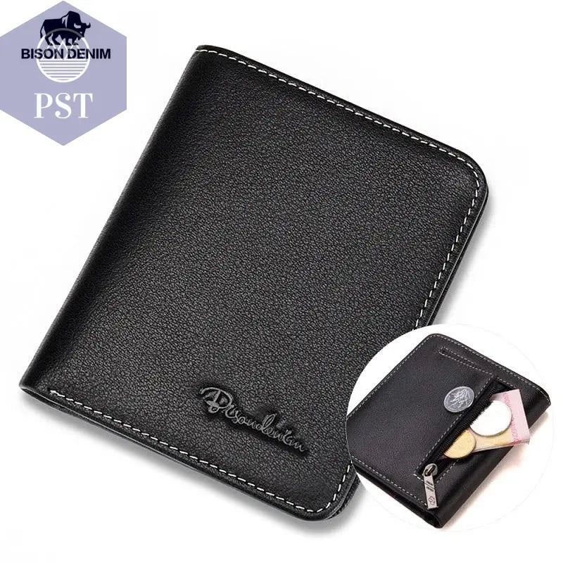 BISON DENIM Men Wallets Black Genuine Leather Purse For Men Business Card Holder Men's Wallet Mini N4429 - PST PS Tradings