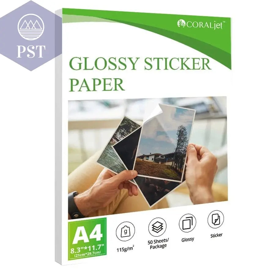 Coraljet 50 sheets of 8.5"x11" A4 High-Quality Glossy Sticker Paper Self-Adhesive Perfect for Inkjet Printer Decal Supplies - PST PS Tradings