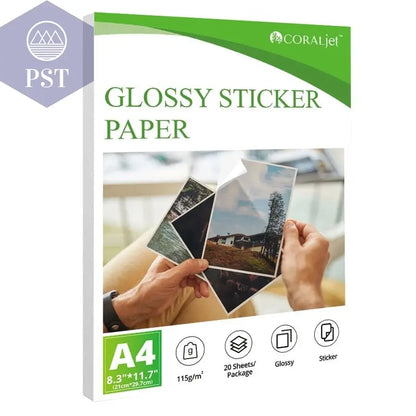 Coraljet 50 sheets of 8.5"x11" A4 High-Quality Glossy Sticker Paper Self-Adhesive Perfect for Inkjet Printer Decal Supplies - PST PS Tradings
