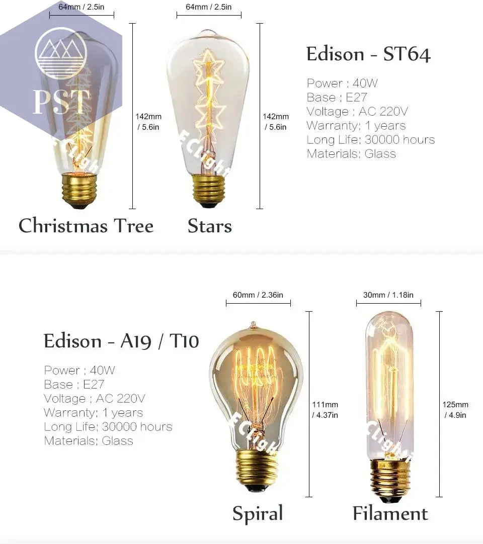 Edison Bulb E27 220V 40W ST64 A19 T45 G80 G95 G125 Incandescent Filament Bulb Lighting Retro Edison Light Bulb       PST PS Tradings