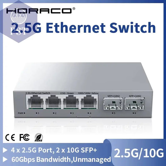 HORACO 2,5Gbe Switch 2,5GBASE-T 4 Port 2,5G RJ45 Mit 2 Port 10G SFP+