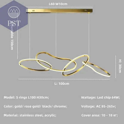 Luxuriöse Dimmbare Pendelleuchte Esstisch Leuchter Wohnzimmer Beleuchtung PST PS Tradings Pendelleuchte PST PS Tradings gold-in-stock-4-ring-L100cm-64W-white-light-6500K PST PS Tradings