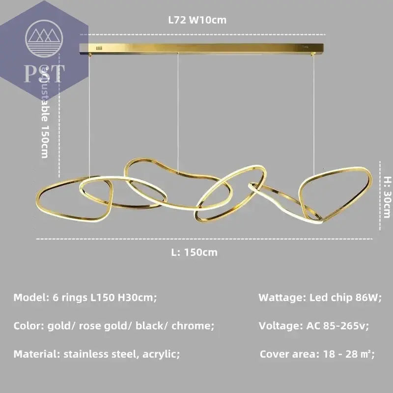 Luxuriöse Dimmbare Pendelleuchte Esstisch Leuchter Wohnzimmer Beleuchtung PST PS Tradings Pendelleuchte PST PS Tradings gold-in-stock-6-ring-L150cm-86W-neutral-light-4200 PST PS Tradings