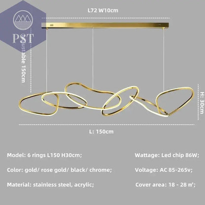 Luxuriöse Dimmbare Pendelleuchte Esstisch Leuchter Wohnzimmer Beleuchtung PST PS Tradings Pendelleuchte PST PS Tradings gold-in-stock-6-ring-L150cm-86W-neutral-light-4200 PST PS Tradings